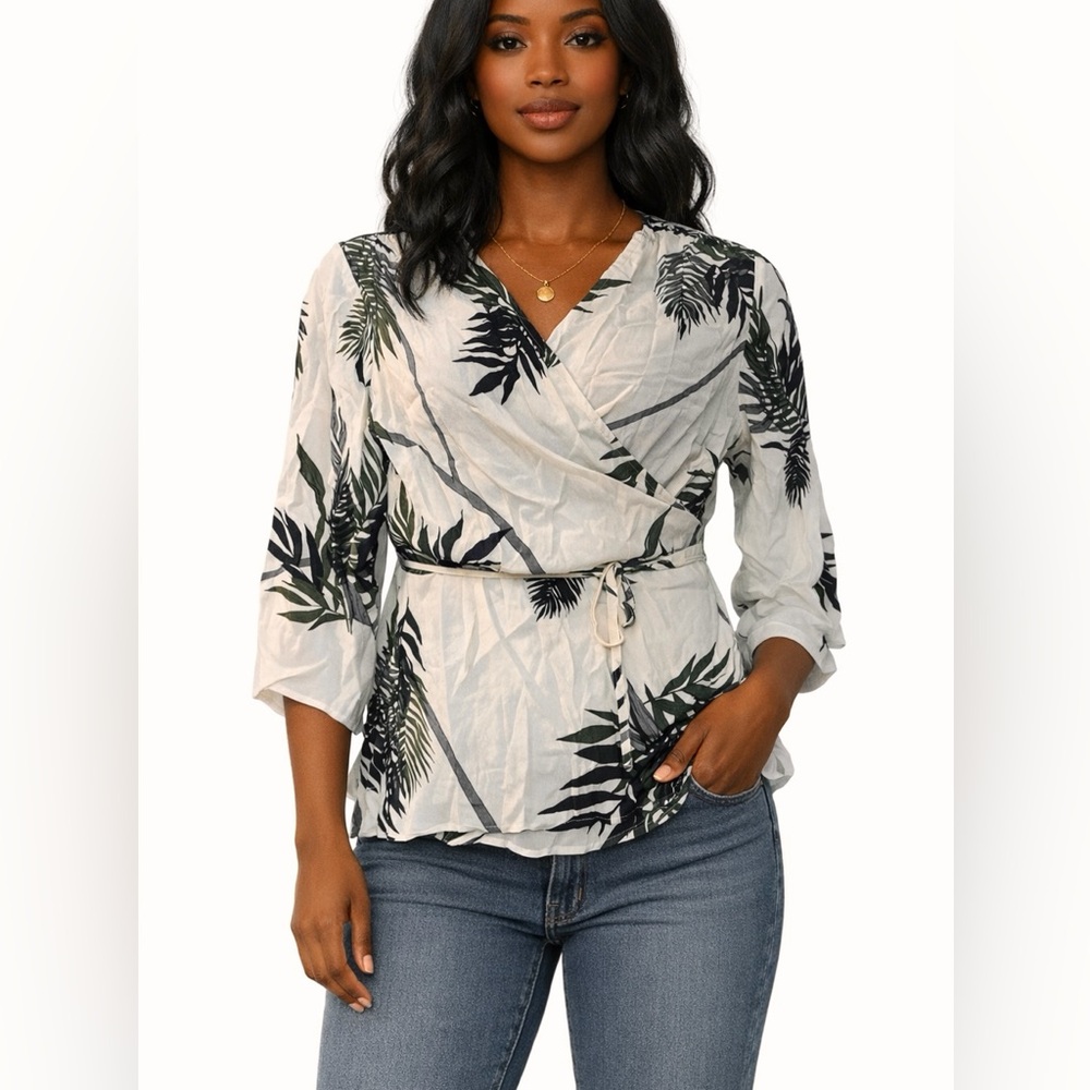 3/$15 Rayon Wrap Leaf Print Top Monroe & Main Blouse Ivory Olive Top Tie Front